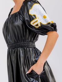 WOMEN'S SHORT PUFF SLEEVE SQUARE NECK FRONT POCKETS ELASTIC WAIST SEQUINS METALLIC MINI DRESS