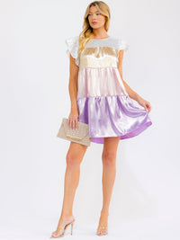 WOMEN'S SHORT RUFFLE SLEEVE TIERED LOOSE FIT COLORBLOCK MINI DRESS