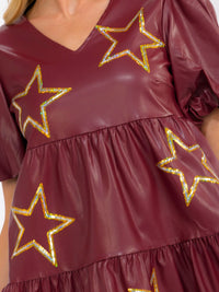 WOMEN'S SHORT PUFF SLEEVE V-NECK FRONT POCKETS TIERED STARS PRINT PU MINI DRESS