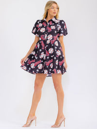 WOMEN'S SHORT SLEEVE BUTTON UP FRONT POCKETS TIERED MULTI PRINT MINI DRESS