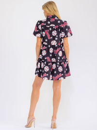 WOMEN'S SHORT SLEEVE BUTTON UP FRONT POCKETS TIERED MULTI PRINT MINI DRESS