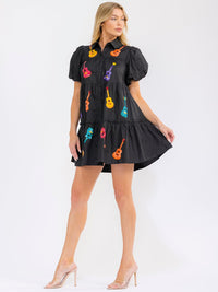 WOMEN'S SHORT PUFF SLEEVE BUTTON UP FRONT POCKETS SEQUINS GUITARS MINI DRESS