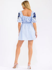WOMEN'S SHORT PUFF SLEEVE SQUARE NECK FRONT POCKETS ELASTIC WAIST SEQUINS MINI DRESS