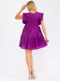 WOMEN'S RUFFLE SLEEVE FRONT POCKETS TIERED LOOSE FIT MINI DRESS