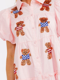 WOMEN'S SHORT SLEEVE BUTTON UP FRONT POCKETS TIERED SEQUINS MINI DRESS