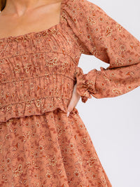 WOMEN'S LONG SLEEVE SQUARE NECK ELASTIC WAIST FLORAL MINI DRESS
