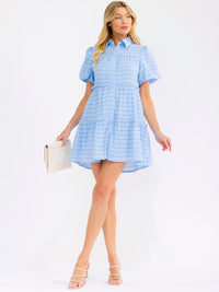 WOMEN'S SHORT PUFF SLEEVE V-NECK BUTTON UP FRONT POCKETS TIERED MINI DRESS