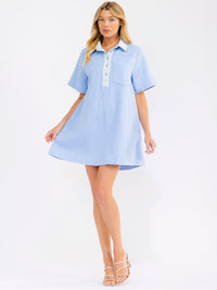 WOMEN'S SHORT SLEEVE V-NECK BUTTON UP FRONT POCKETS DENIM MINI DRESS