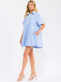 WOMEN'S SHORT SLEEVE V-NECK BUTTON UP FRONT POCKETS DENIM MINI DRESS