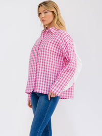 WOMEN'S LONG SLEEVE BUTTON UP RUFFLE TRIM PLAID TOP