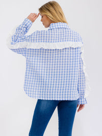 WOMEN'S LONG SLEEVE BUTTON UP RUFFLE TRIM PLAID TOP