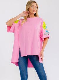 WOMEN'S SHORT SLEEVE SEQUINS HIGH-LOW OVERSIZED SHIRT