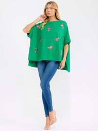 WOMEN'S SHORT SLEEVE SEQUINS GRAPGIC HIGH-LOW OVERSIZED SHIRT