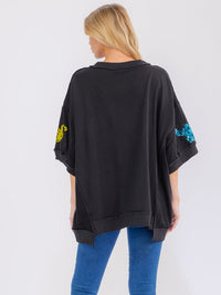WOMEN'S SHORT SLEEVE SEQUINS GRAPHIC HIGH-LOW OVERSIZED SHIRT