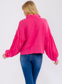 WOMEN'S LONG BALLOON SLEEVE BUTTON UP FRONT POCKETS TOP