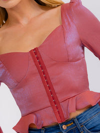 WOMEN'S LONG SLEEVE BUTTON CLOSURE SMOCK PEPLUM BLOUSE