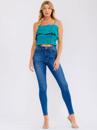 WOMEN'S SLEEVELESS TIERED RUFFLE ELASTIC WAIST CROP TANK TOP