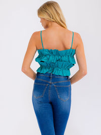 WOMEN'S SLEEVELESS TIERED RUFFLE ELASTIC WAIST CROP TANK TOP