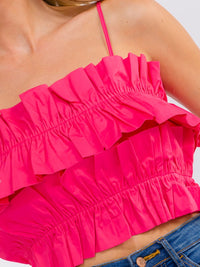 WOMEN'S SLEEVELESS TIERED RUFFLE ELASTIC WAIST CROP TANK TOP