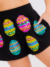 WOMEN'S ELASTIC WAIST FRONT POCKETS SEQUINS PRINT MINI SHORTS