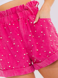 WOMEN'S ELASTIC WAIST BUTTON CLOSURE POCKETS CORDUROY PEARL MINI SHORTS