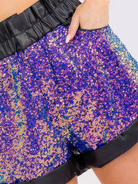 WOMEN'S ELASTIC WAIST BUTTON CLOSURE FRONT POCKETS SEQUINS PU PLEATHER MINI SHORTS
