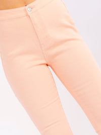 WOMEN'S BUTTON CLOSURE POCKETS BELL LEG STRETCH DENIM PANTS