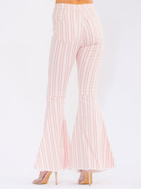 WOMEN'S BUTTON CLOSURE POCKETS BELL LEG STRETCH DENIM STRIPES PANTS