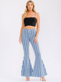 WOMEN'S BUTTON CLOSURE POCKETS BELL LEG STRETCH DENIM STRIPES PANTS