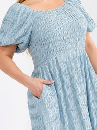 PLUS SIZE SHORT PUFF SLEEVE SMOCK FRONT POCKETS MAXI DRESS
