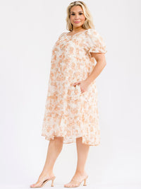 PLUS SIZE SHORT SLEEVE FRONT POCKETS FLORAL MIDI DRESS