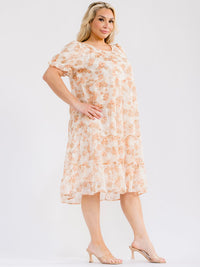 PLUS SIZE SHORT SLEEVE FRONT POCKETS FLORAL MIDI DRESS