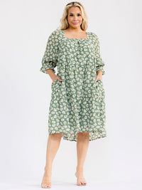 PLUS SIZE 3/4 SLEEVE SQUARE NECK FRONT POCKETS FLORAL MIDI DRESS