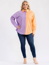 PLUS SIZE LONG SLEEVE BUTTON UP HIGH-LOW COLORBLOCK BLOUSE