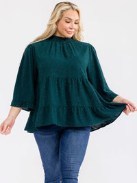 PLUS SIZE LONG SLEEVE MOCK NECK TIERED TUNIC SHIMMER BLOUSE