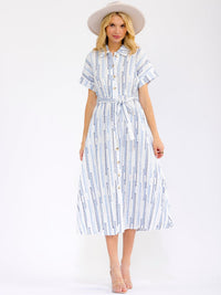 WOMEN'S SHORT SLEEVE BUTTON UP SELF TIE FRONT POCKETS MULTI MAXI DRESS