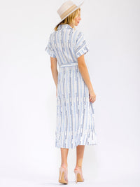WOMEN'S SHORT SLEEVE BUTTON UP SELF TIE FRONT POCKETS MULTI MAXI DRESS
