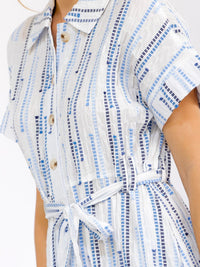 WOMEN'S SHORT SLEEVE BUTTON UP SELF TIE FRONT POCKETS MULTI MAXI DRESS