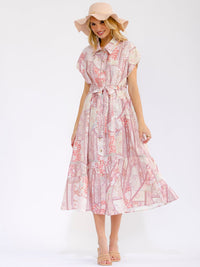 WOMEN'S SHORT SLEEVE BUTTON UP SELF TIE TIERED FLORAL MAXI DRESS