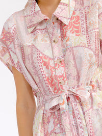 WOMEN'S SHORT SLEEVE BUTTON UP SELF TIE TIERED FLORAL MAXI DRESS