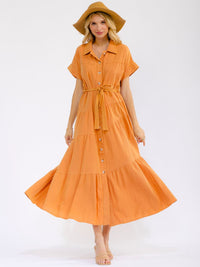 WOMEN'S SHORT SLEEVE BUTTON UP SELF TIE TIERED WASHED DENIM MAXI DRESS