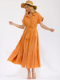 WOMEN'S SHORT SLEEVE BUTTON UP SELF TIE TIERED WASHED DENIM MAXI DRESS