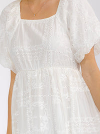 WOMEN'S SHORT PUFF SLEEVE SQUARE NECK ELASTIC WAIST EYELET MAXI DRESS