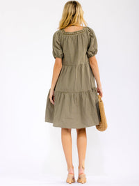 WOMEN'S SHORT PUFF SLEEVE SQUARE NECK FRONT POCKETS TIERED PLAID MINI DRESS