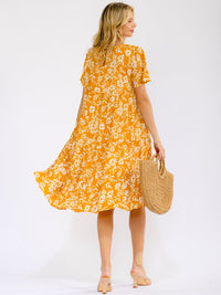 WOMEN'S SHORT SLEEVE FRONT POCKETS FLORAL TIERED MIDI DRESS
