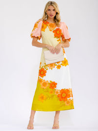 WOMEN'S SHORT PUFF SLEEVES FLORAL MAXI DRESS