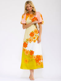 WOMEN'S SHORT PUFF SLEEVES FLORAL MAXI DRESS