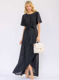 WOMEN'S SHORT SLEEVE SELF TIE SURPLICE HIGH-LOW SHIMMER MAXI DRESS