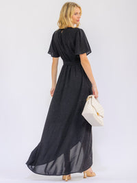 WOMEN'S SHORT SLEEVE SELF TIE SURPLICE HIGH-LOW SHIMMER MAXI DRESS