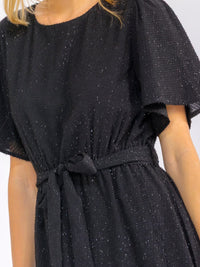 WOMEN'S SHORT SLEEVE SELF TIE SURPLICE HIGH-LOW SHIMMER MAXI DRESS
